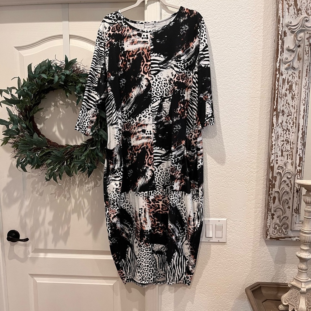 Elegant Multicolor Animal Print Long Sleeve Dress